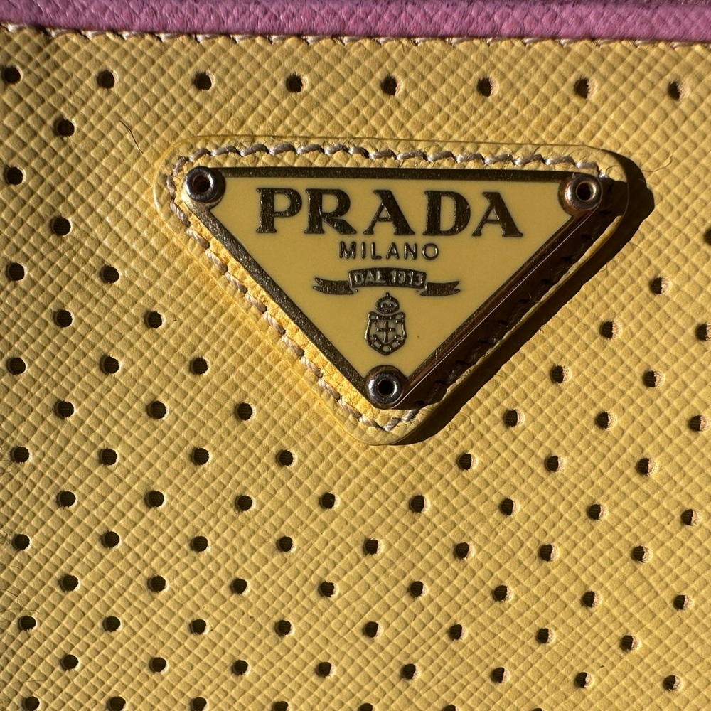 PRADA Pink Yellow Perforated Saffiano Zip Around Wallet - Picture 5 of 11